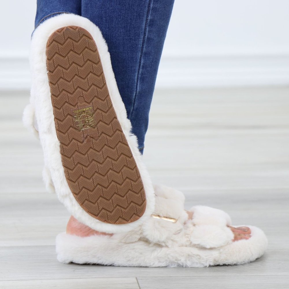 Beige Puff Fuzzy Fluffy Slip On Plush Slippers Double Strap - Picture 8 of 15